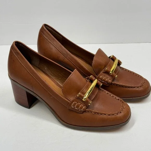 Lauren Ralph Lauren Loafer Slip On Brown Leather Block Heel Classic Size 5.5B - Picture 1 of 10